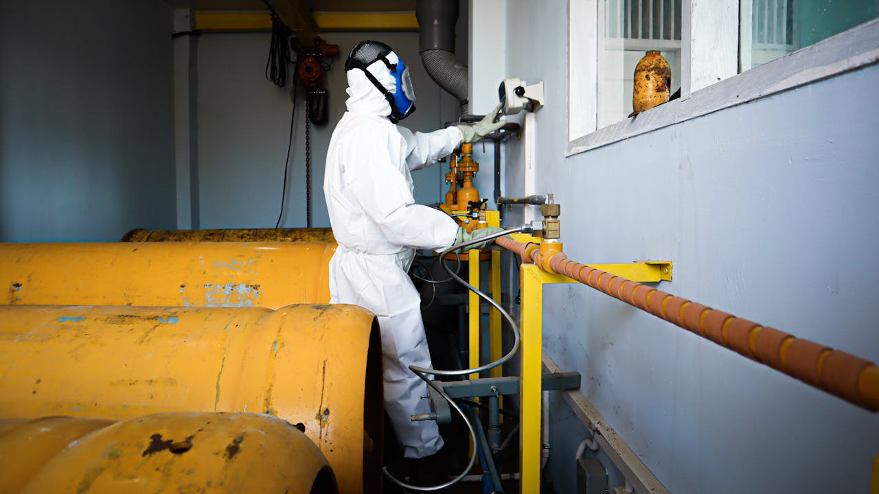 Worker in full protective suit and gas mask handles industrial pipes indoors in Indonesia.